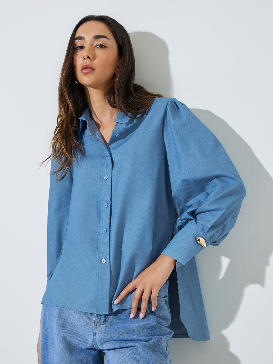 Blue Metal Button Trim Longline Shirt