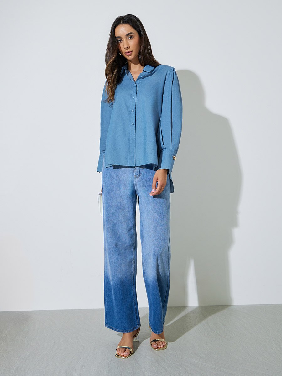 Blue Metal Button Trim Longline Shirt