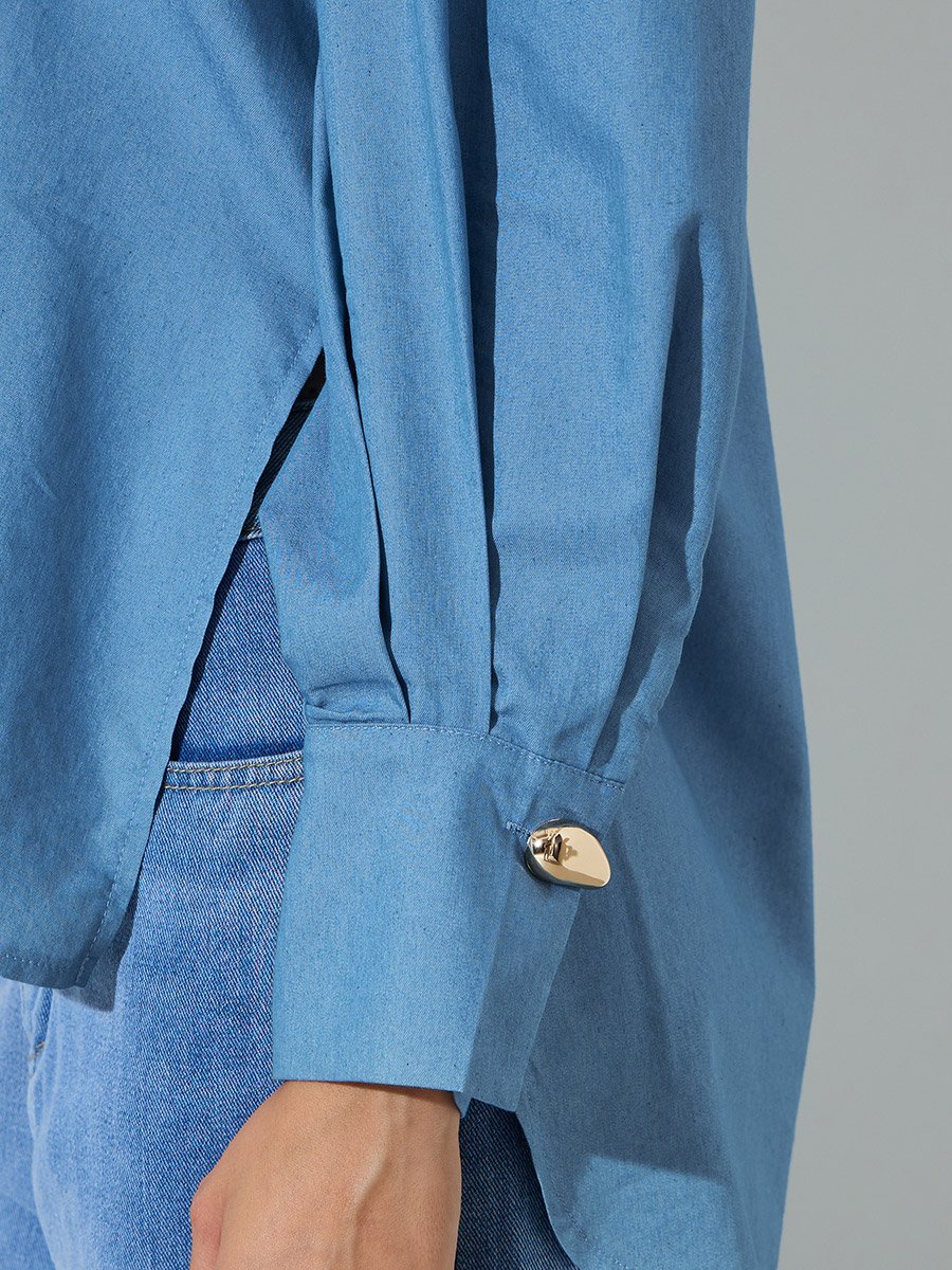 Blue Metal Button Trim Longline Shirt
