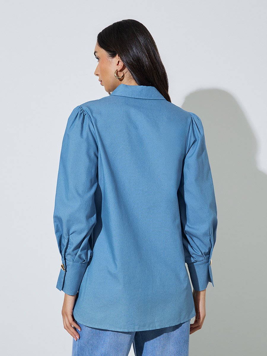 Blue Metal Button Trim Longline Shirt