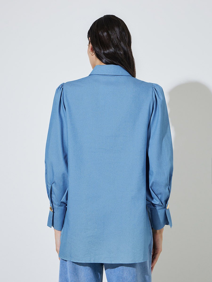 Blue Metal Button Trim Longline Shirt