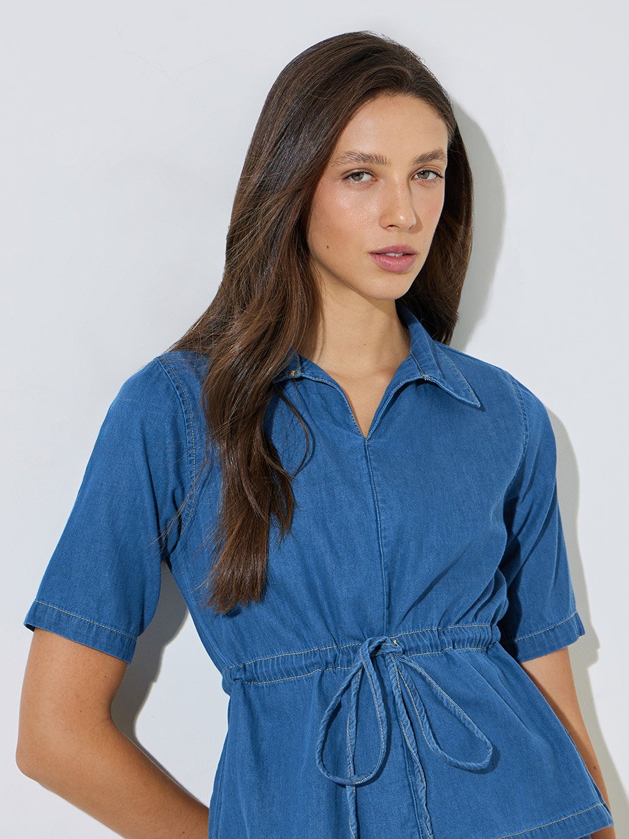 Medium Blue Denim Peplum Top with Drawstring