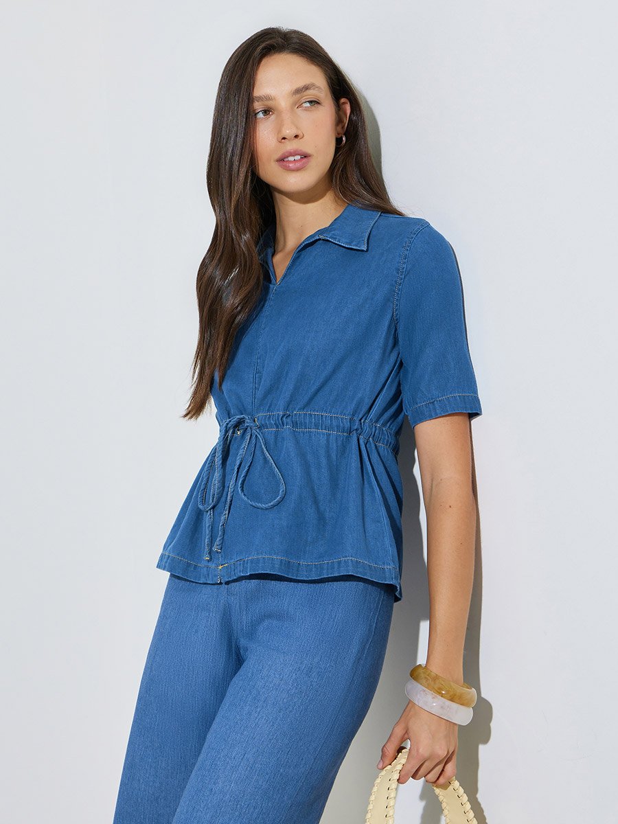 Medium Blue Denim Peplum Top with Drawstring