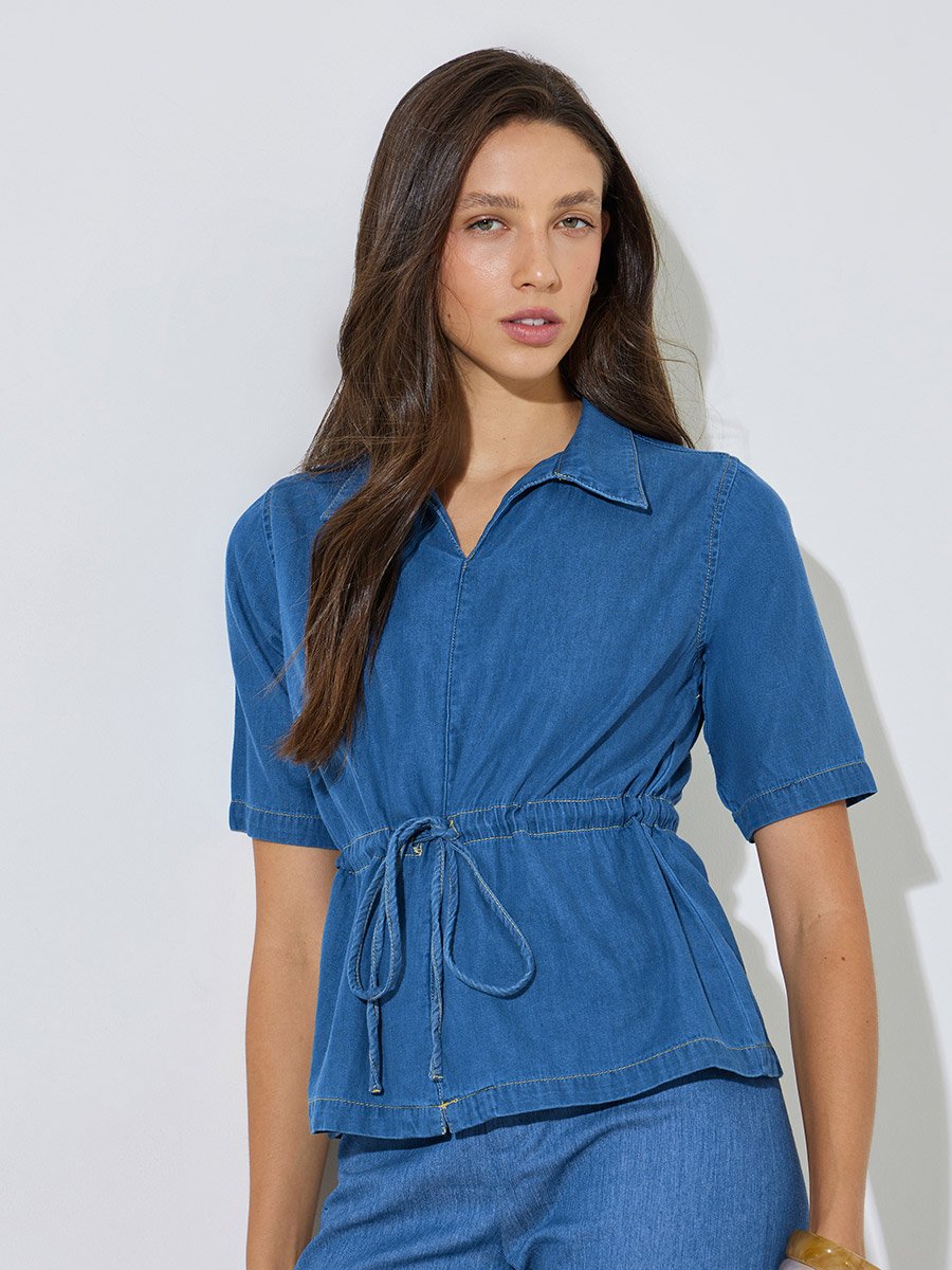 Medium Blue Denim Peplum Top with Drawstring