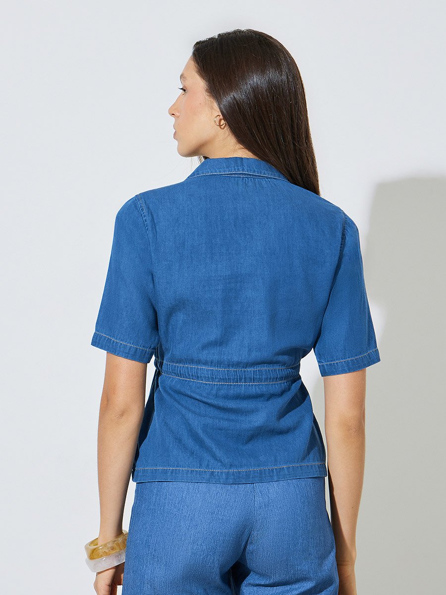 Medium Blue Denim Peplum Top with Drawstring