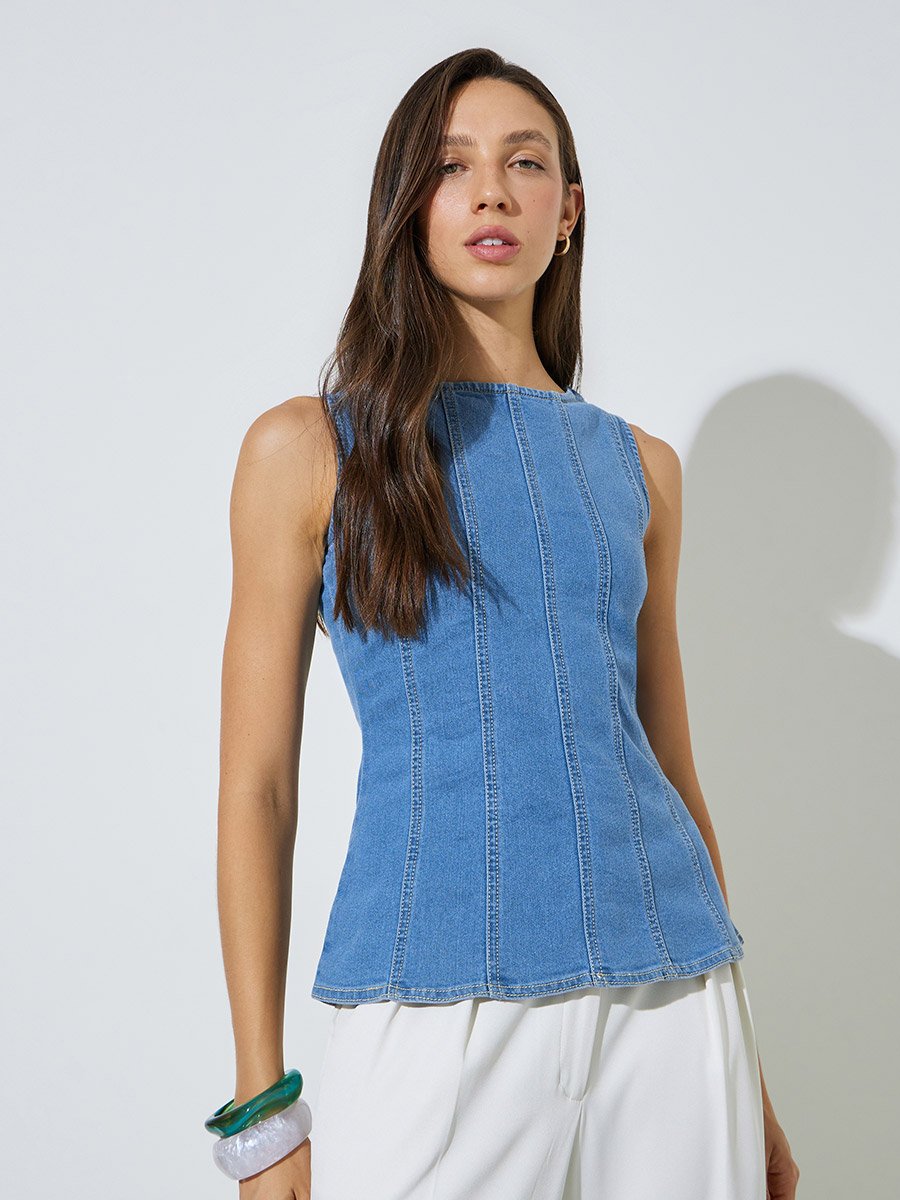 Blue Sleeveless Denim Peplum Top