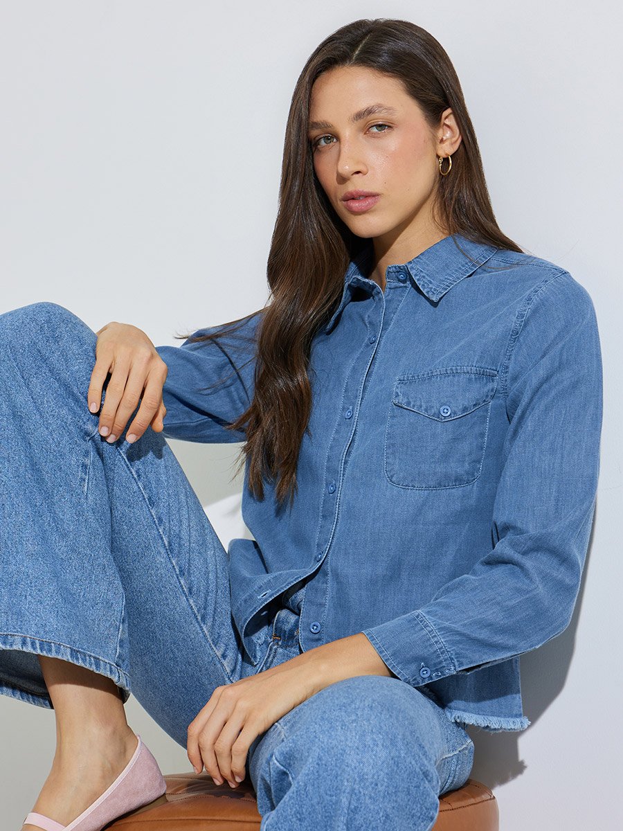Blue Frayed Edge Cotton Denim Shirt