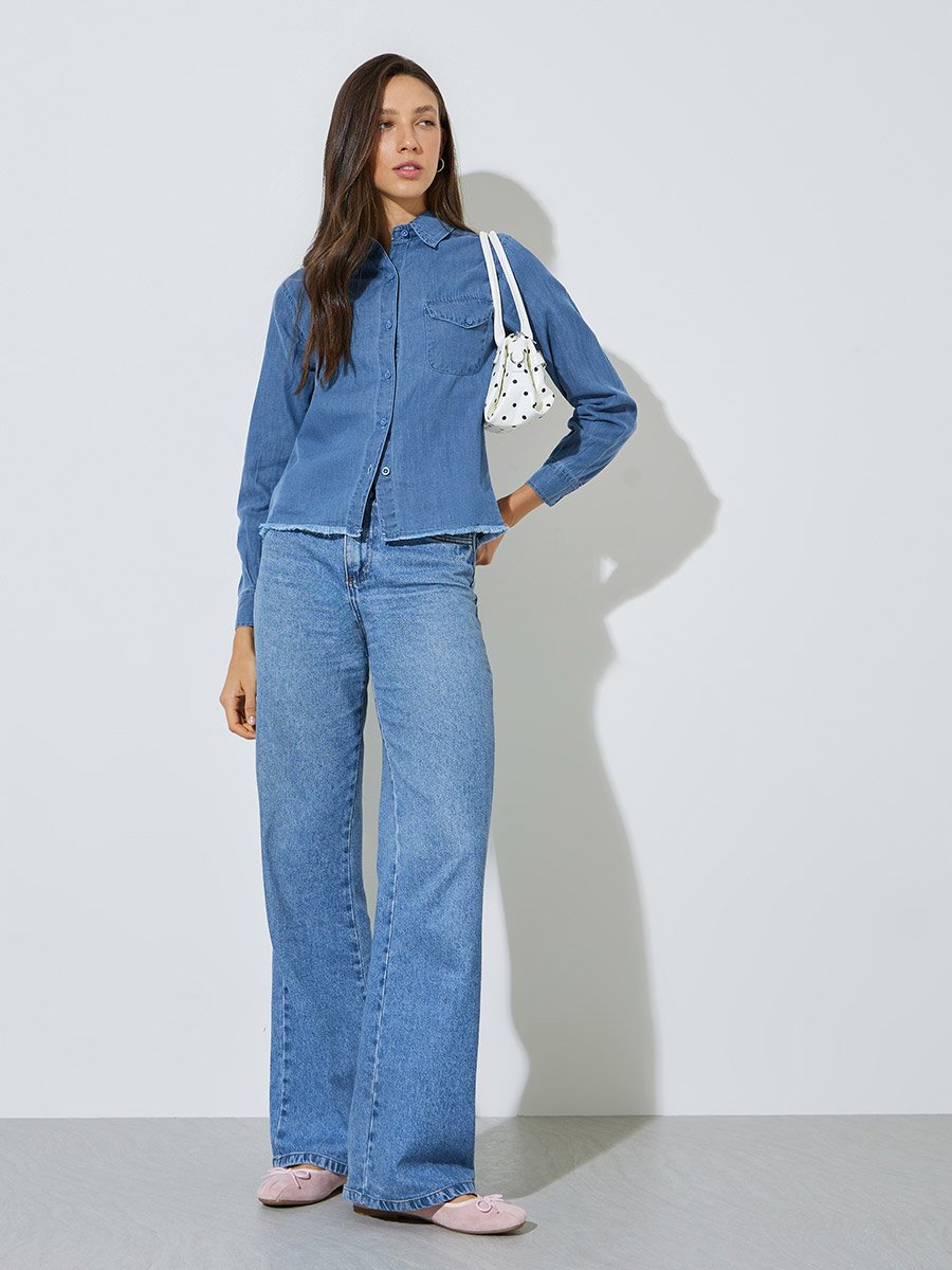 Blue Frayed Edge Cotton Denim Shirt