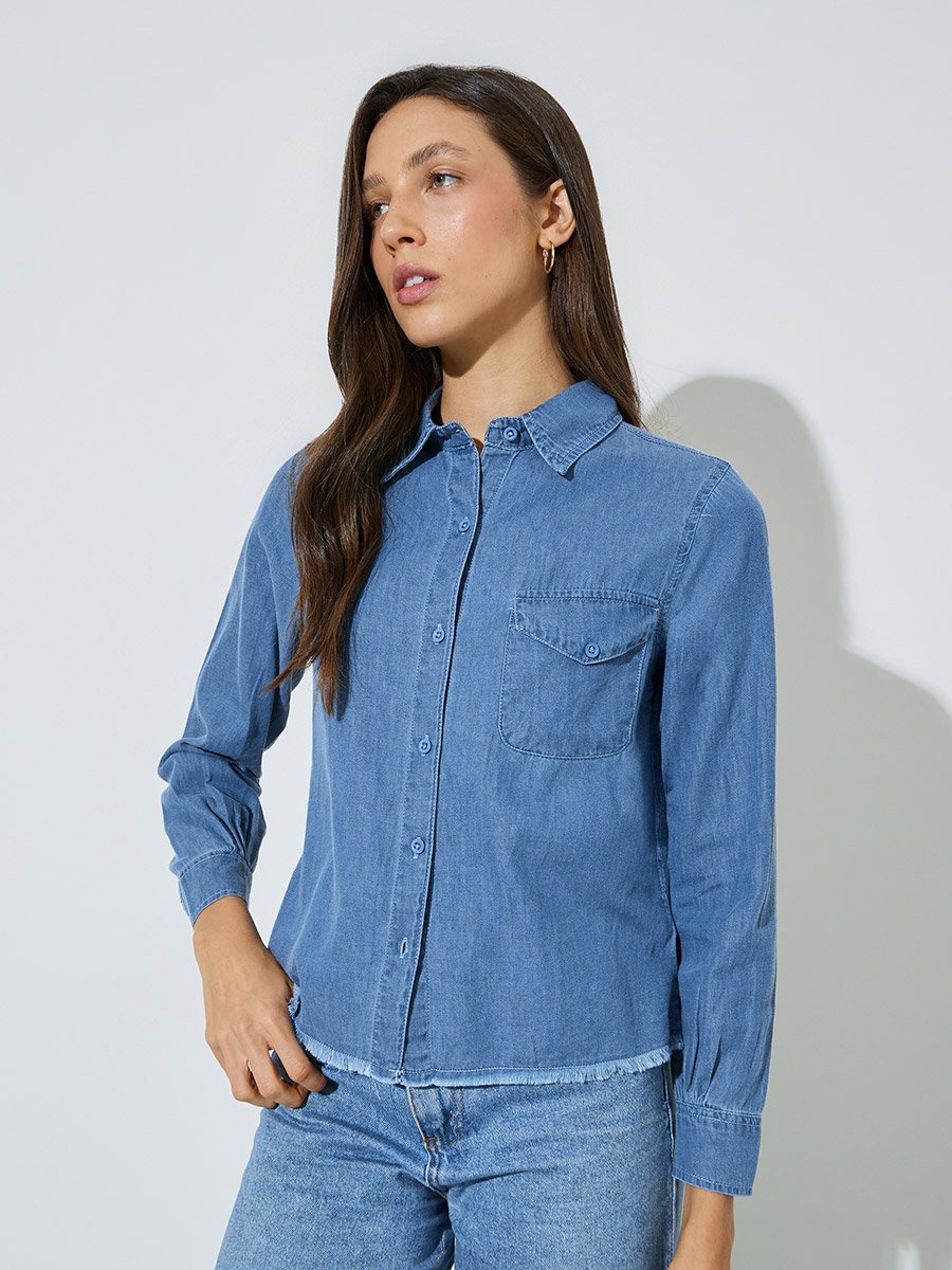 Blue Frayed Edge Cotton Denim Shirt