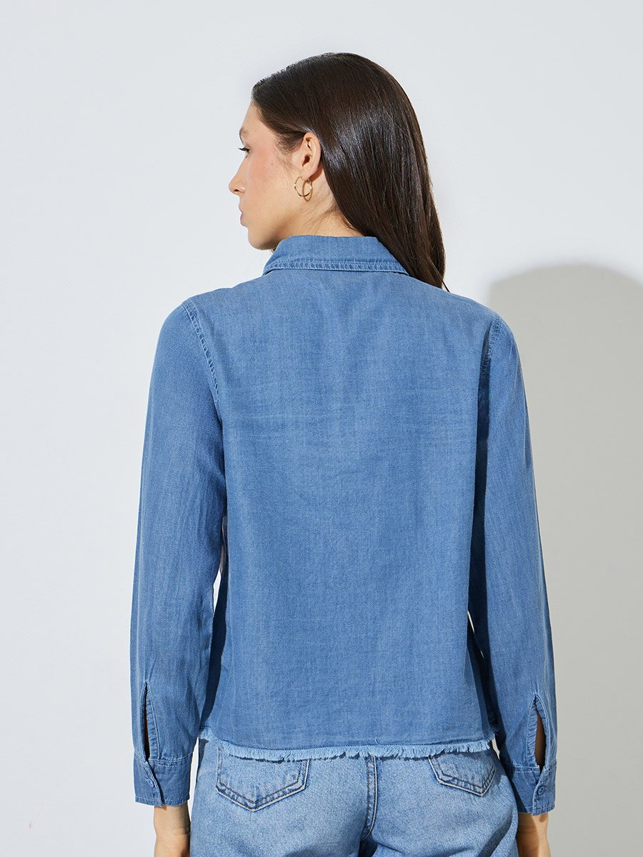 Blue Frayed Edge Cotton Denim Shirt