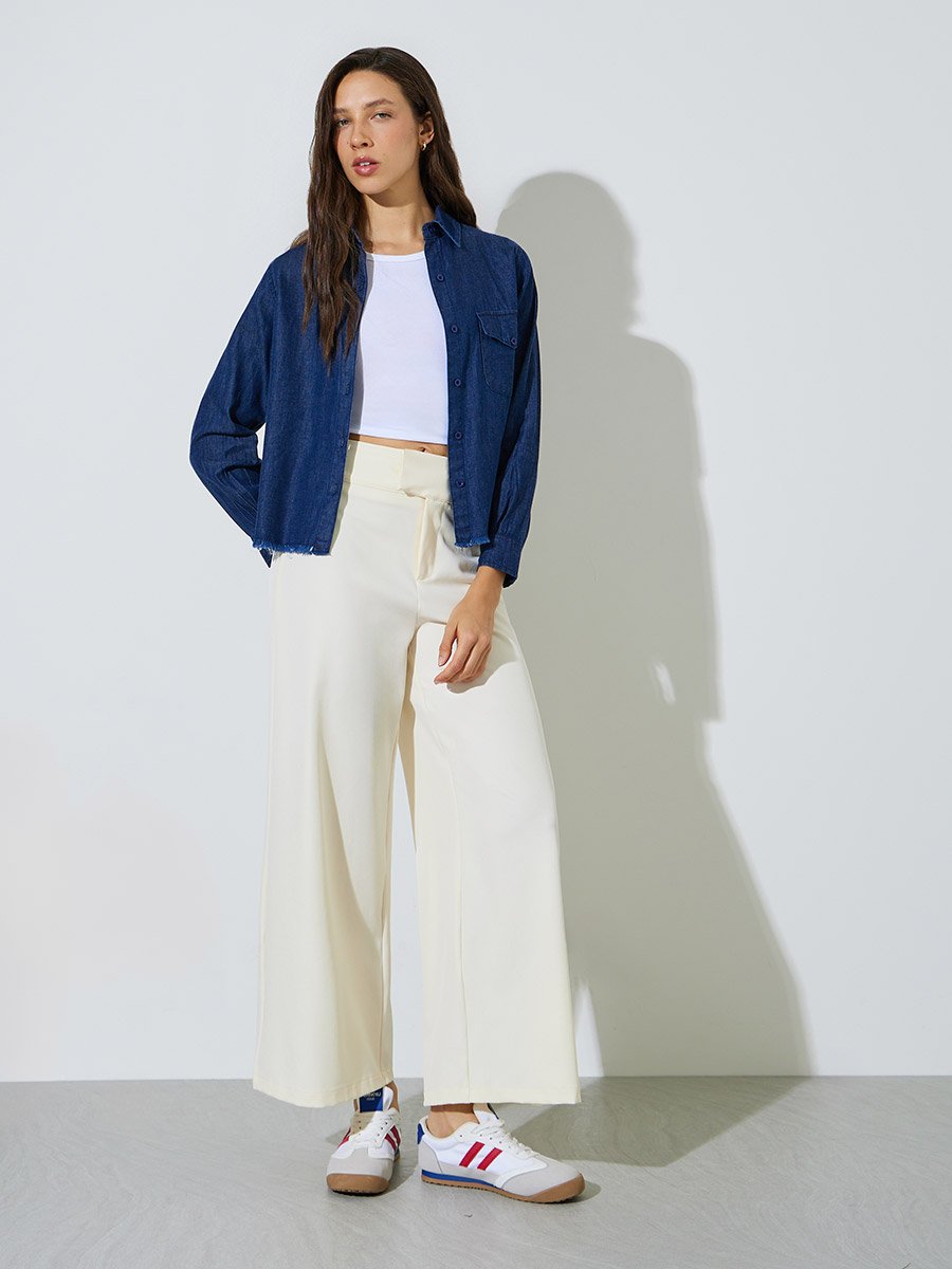 Dark Blue Frayed Edge Cotton Denim Shirt
