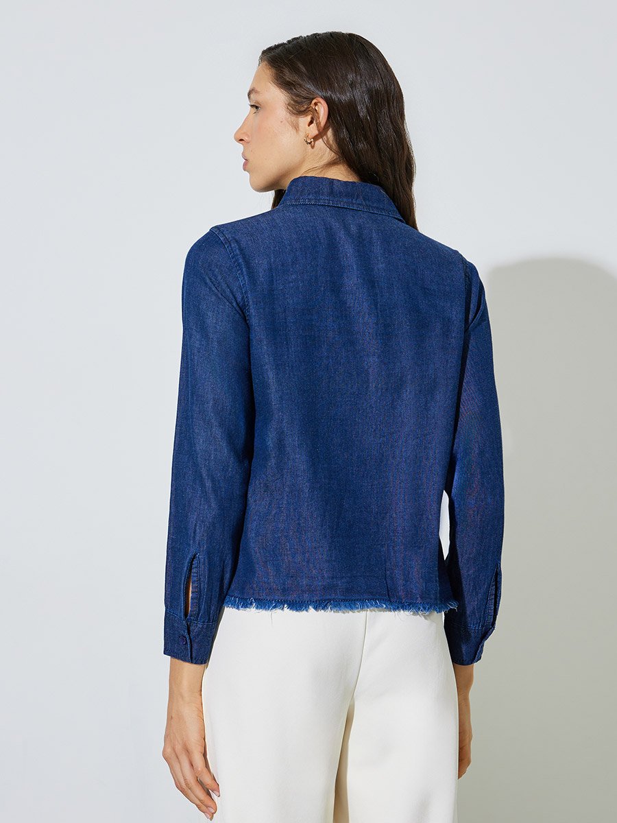 Dark Blue Frayed Edge Cotton Denim Shirt