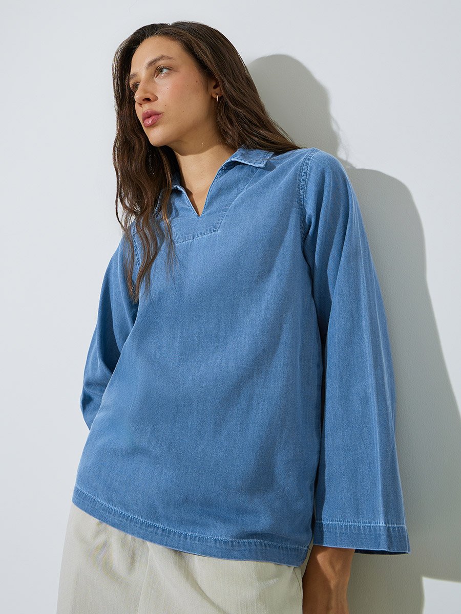 Blue Open Collar Denim Top