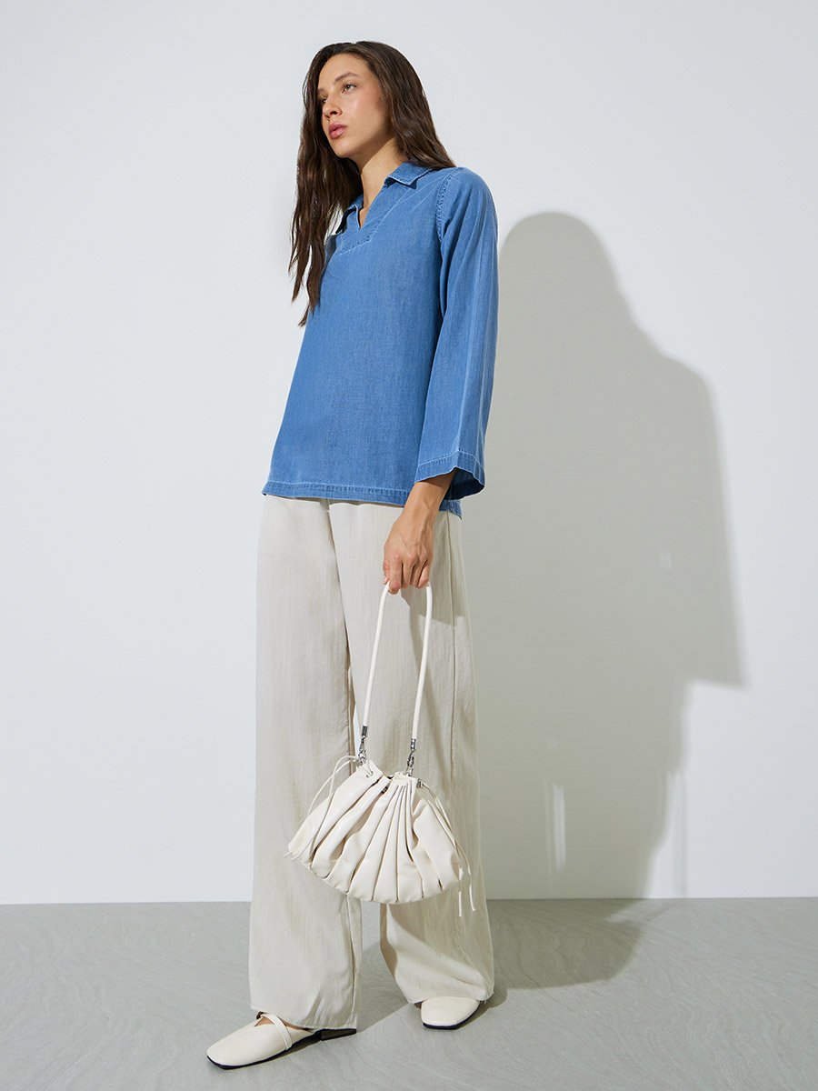Blue Open Collar Denim Top