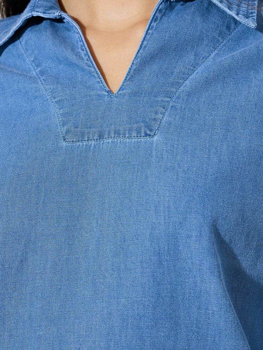 Blue Open Collar Denim Top