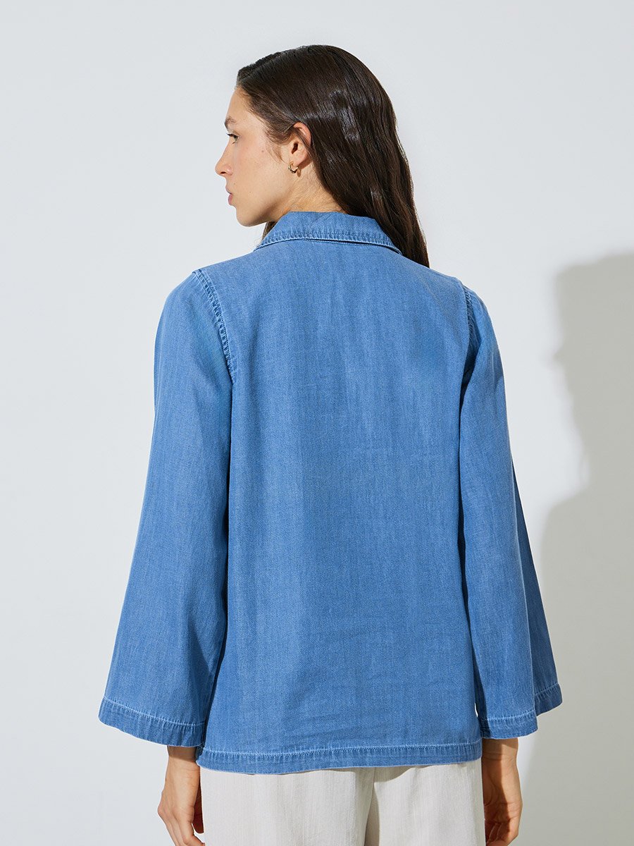 Blue Open Collar Denim Top
