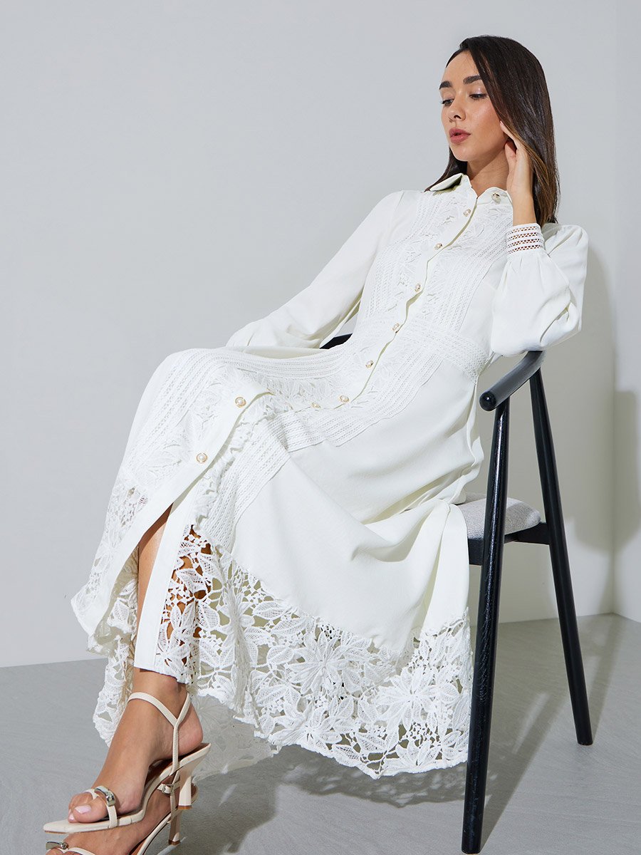 Off White Lace Trim Shirt Maxi Dress