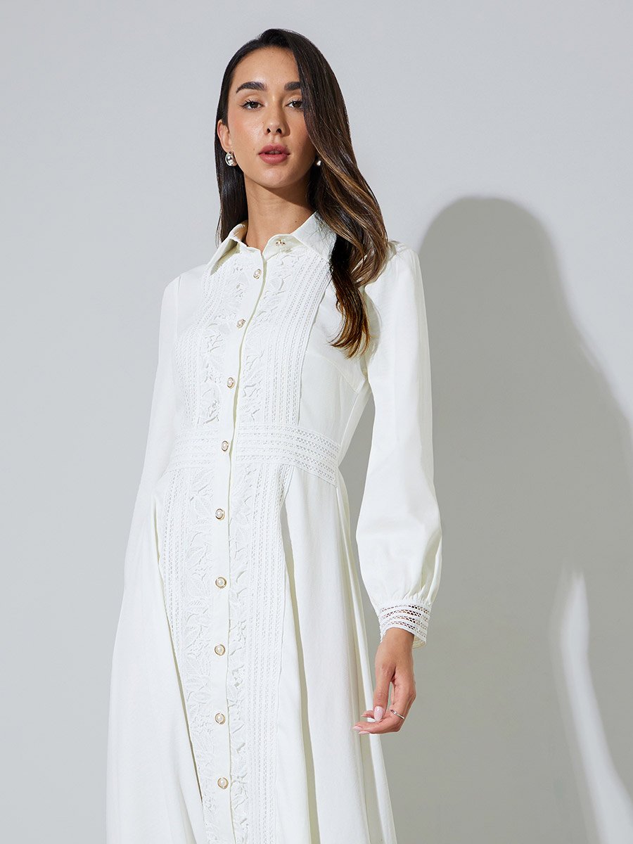 Off White Lace Trim Shirt Maxi Dress