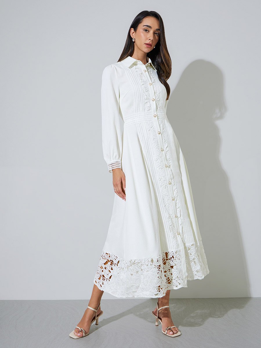 Off White Lace Trim Shirt Maxi Dress