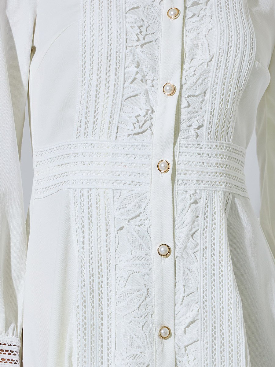 Off White Lace Trim Shirt Maxi Dress