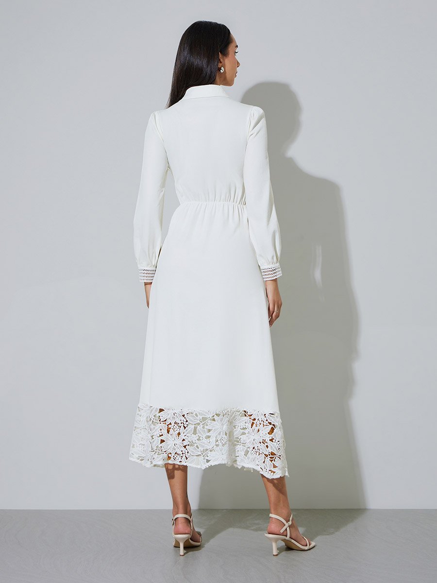Off White Lace Trim Shirt Maxi Dress
