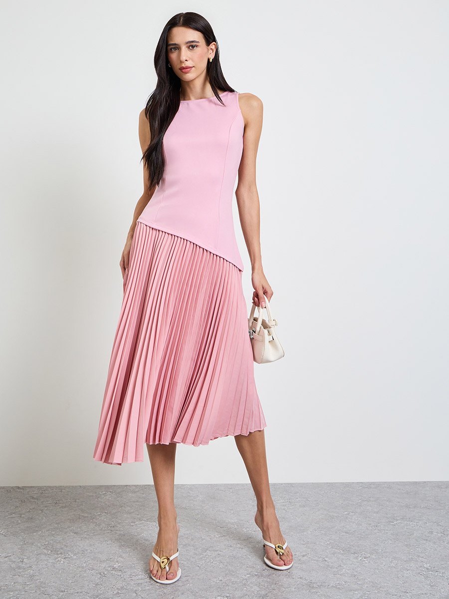 Pink Pleated A-Line Midi Dress