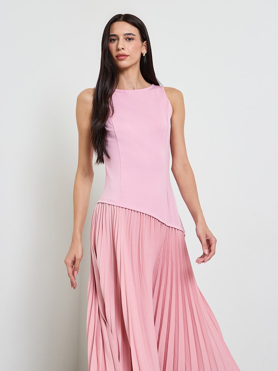 Pink Pleated A-Line Midi Dress
