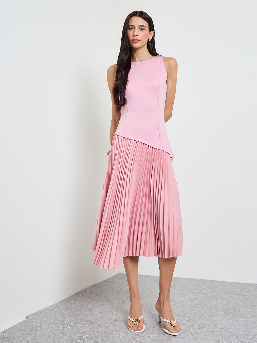 Pink Pleated A-Line Midi Dress