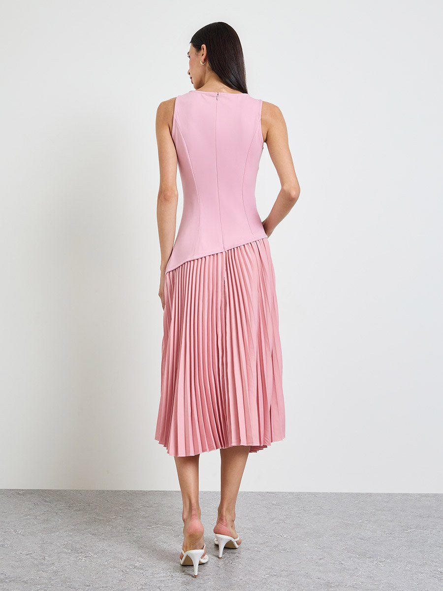 Pink Pleated A-Line Midi Dress
