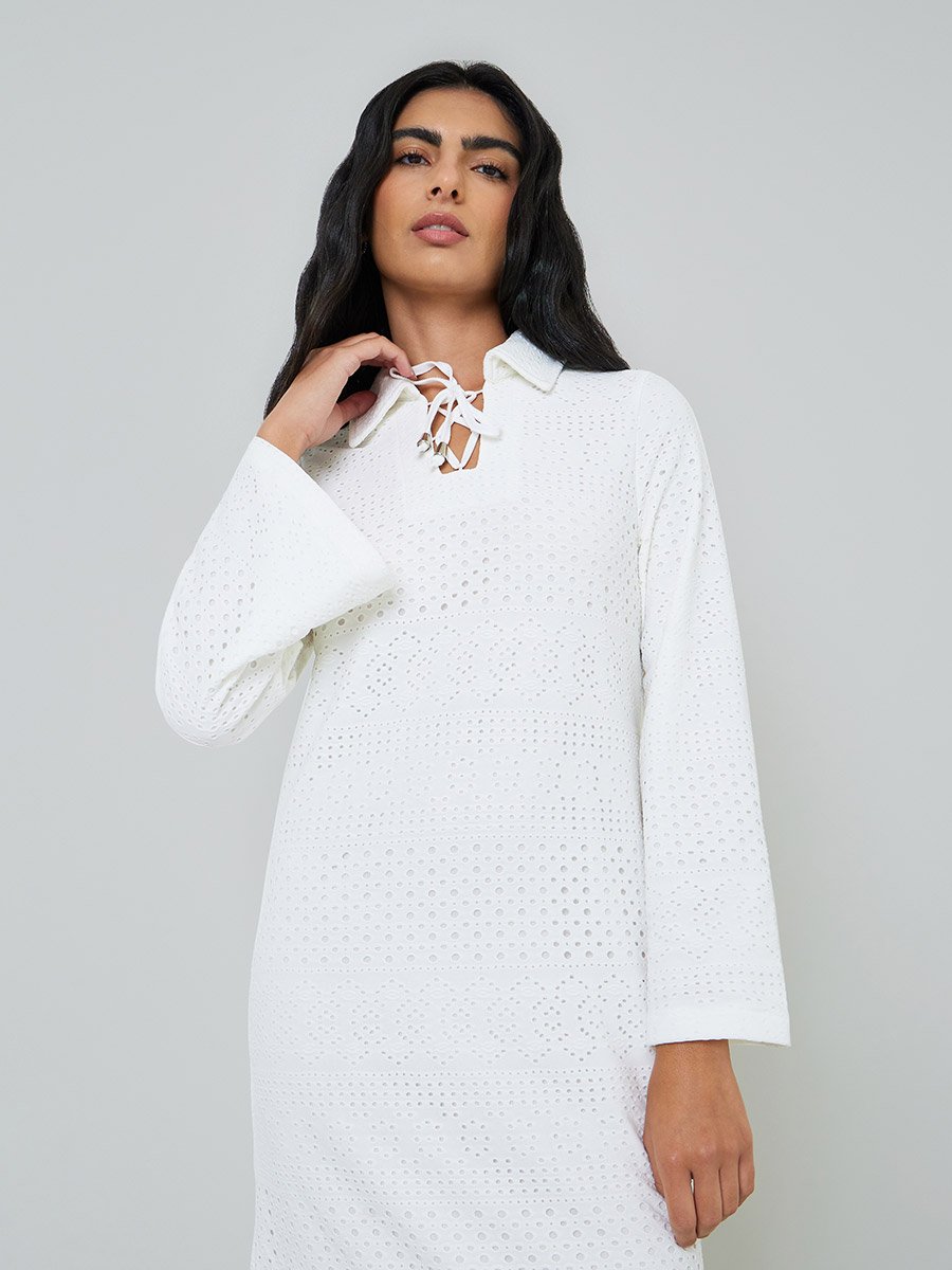 White Eyelet Long Sleeves Shirt Maxi Dress
