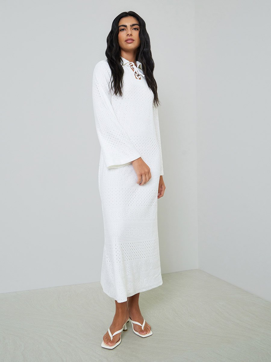 White Eyelet Long Sleeves Shirt Maxi Dress
