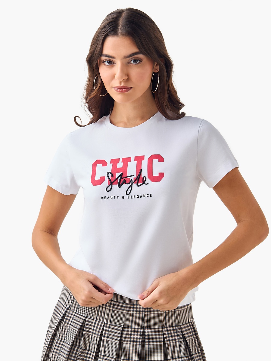 Cotton T-Shirt with Print and Embroidery