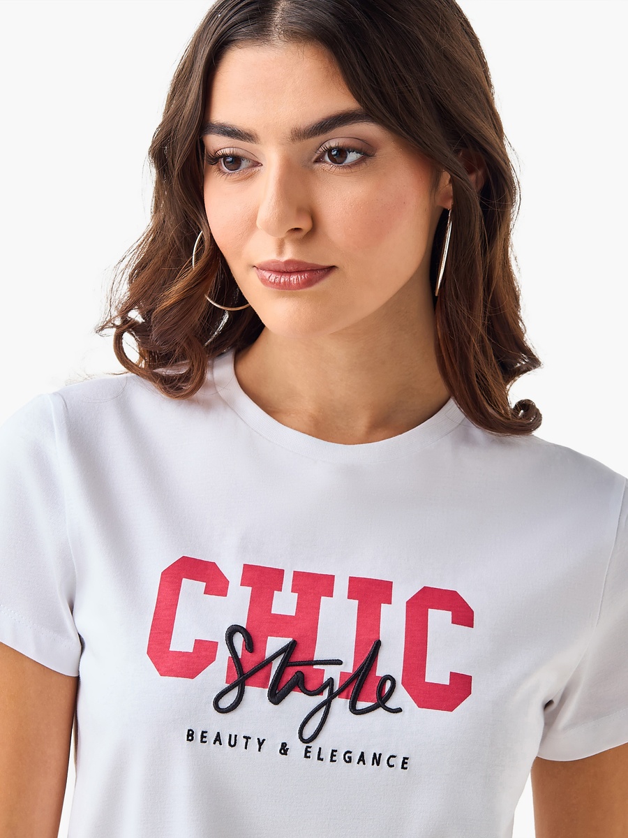 Cotton T-Shirt with Print and Embroidery