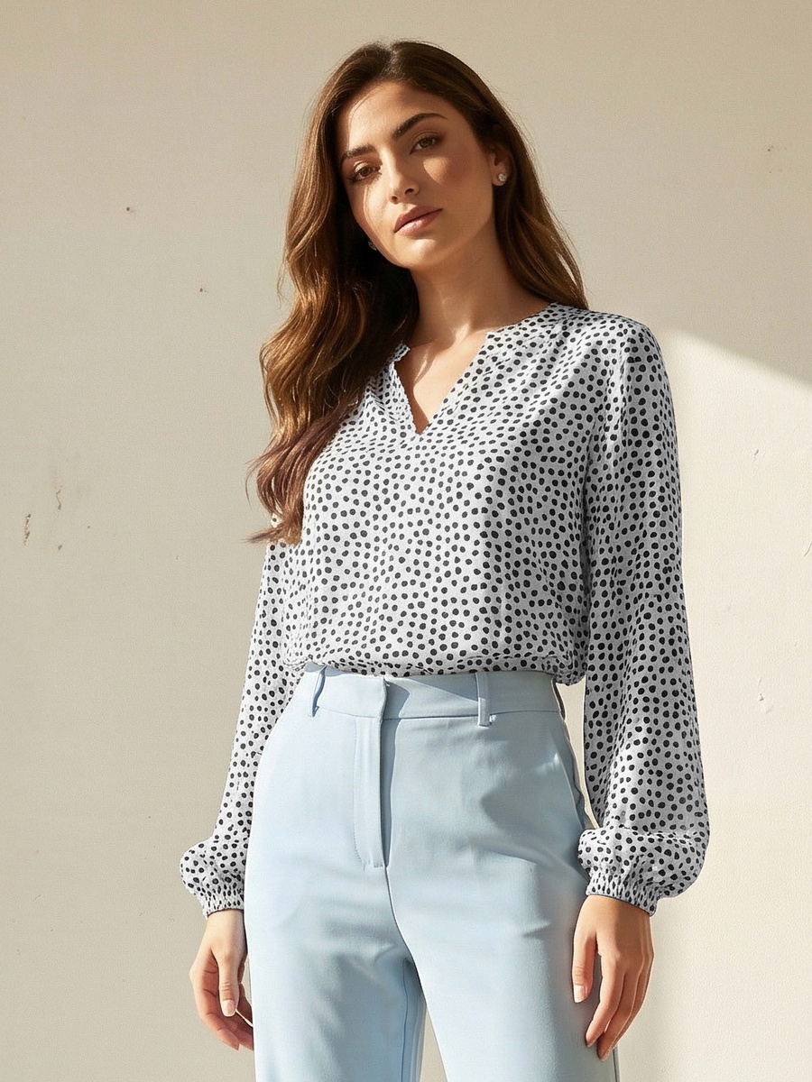 Mandarin Neck Top with Polka Dot Print