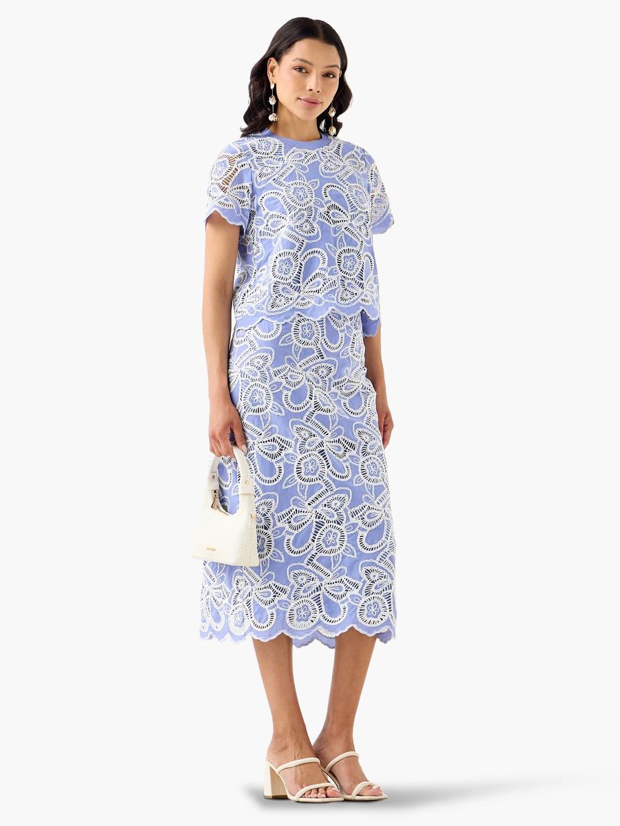 Midi Cotton Cutwork Embroidered Skirt with Slit
