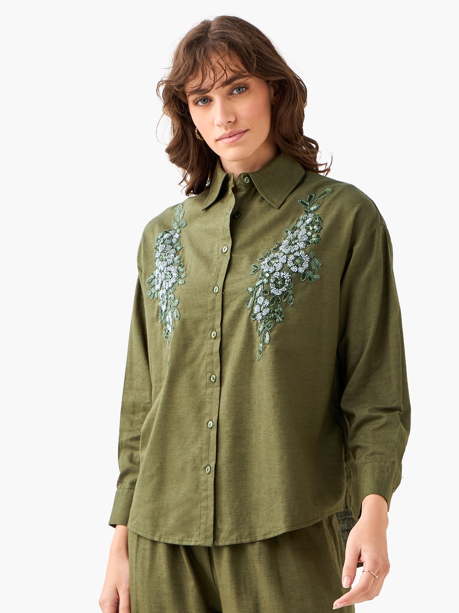 Shirt with Floral Embroidery and Embellishment