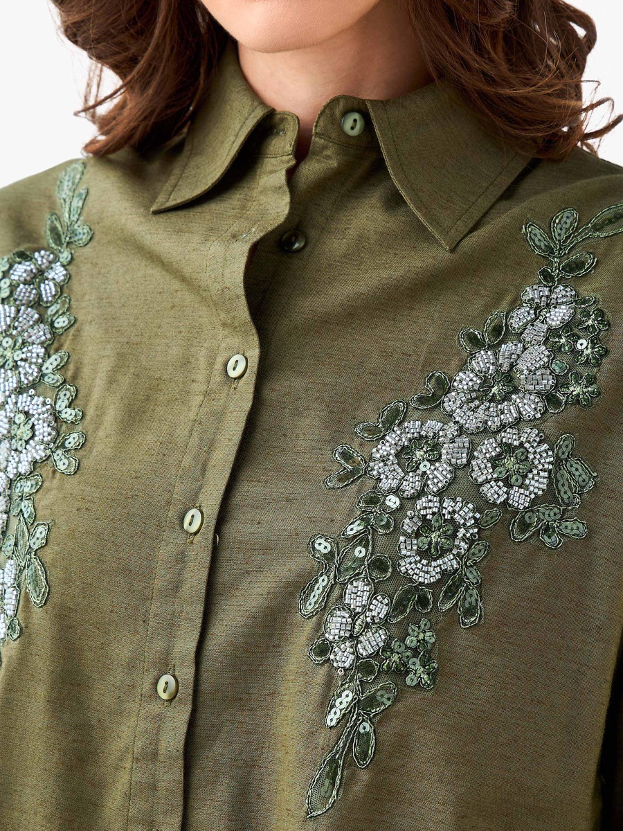 Shirt with Floral Embroidery and Embellishment