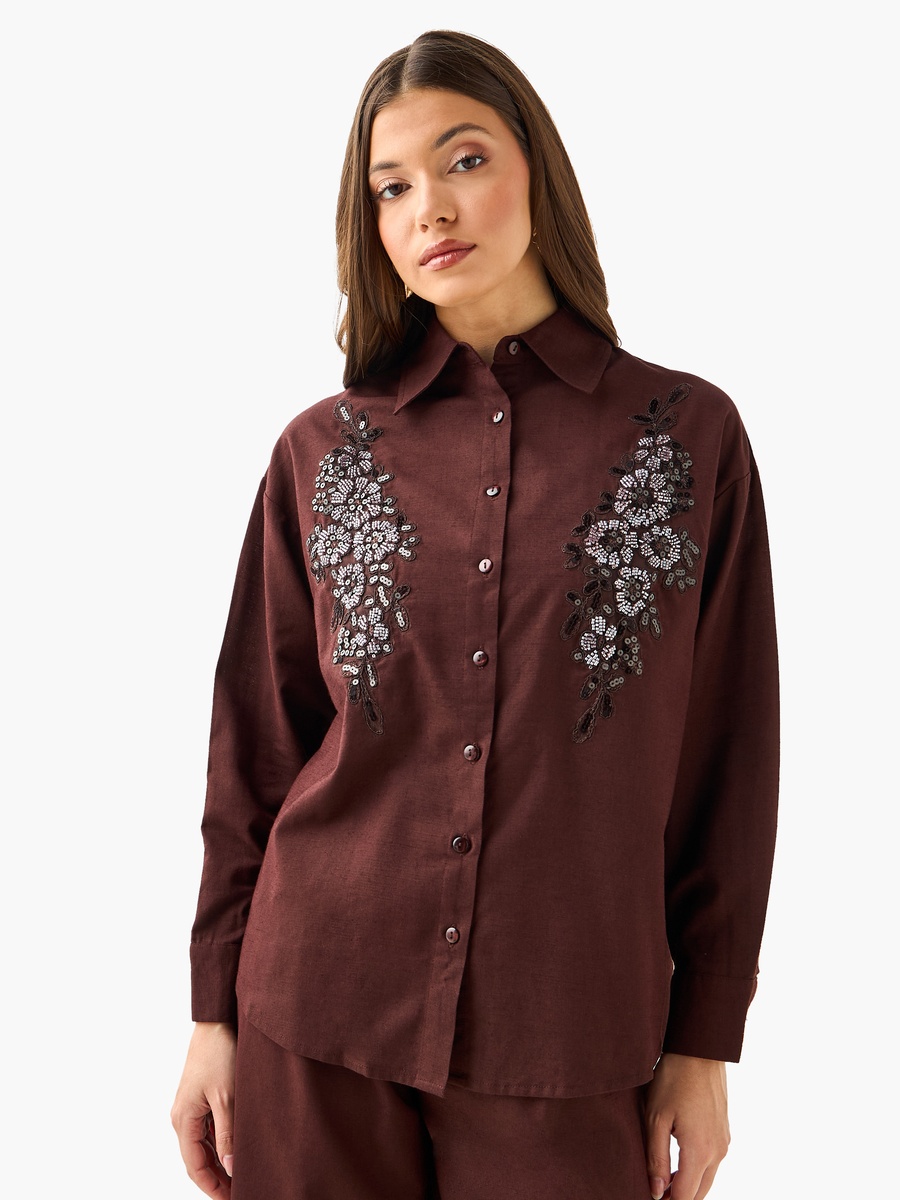 Shirt with Floral Embroidery and Embellishment