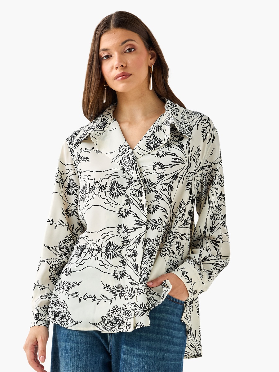 Shirt with Floral Print and High-Low Hem