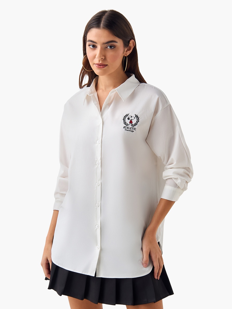 Cotton High-Low Shirt with Snoopy Embroidery