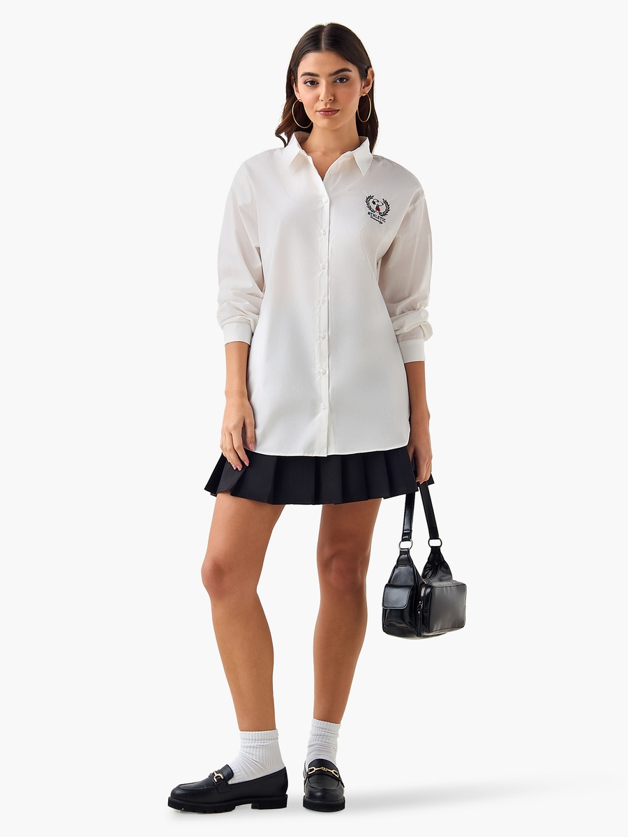 Cotton High-Low Shirt with Snoopy Embroidery