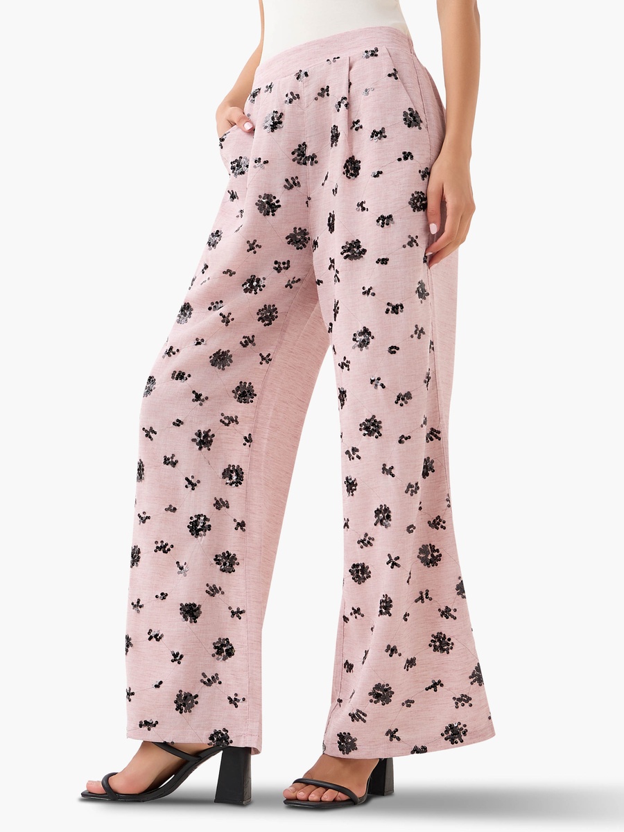 Wide-Leg Trousers with Sequin Embellishment