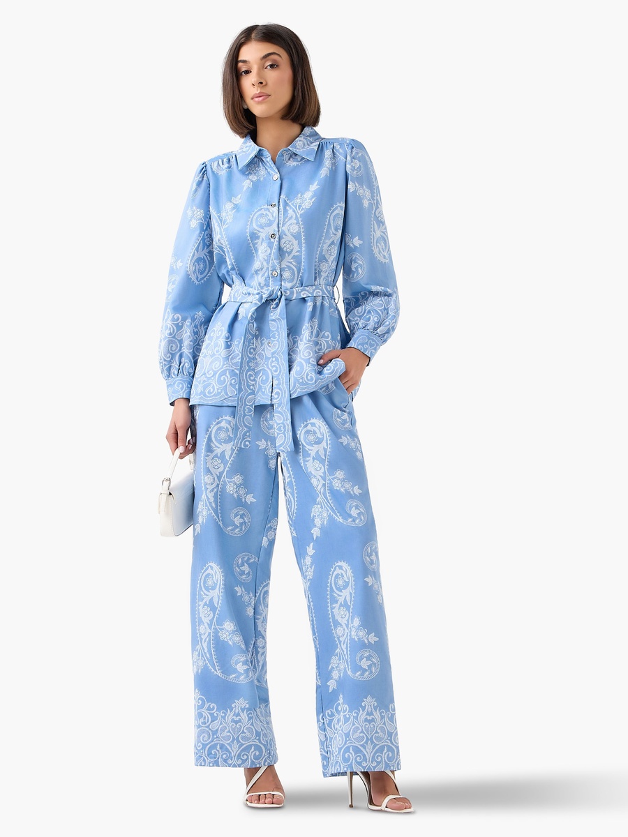 Wide-Leg Paisley Print Pleated Trousers