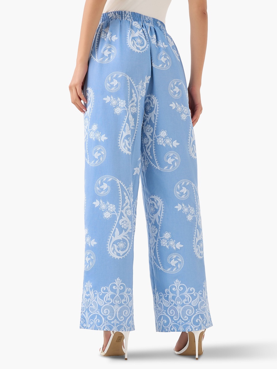 Wide-Leg Paisley Print Pleated Trousers