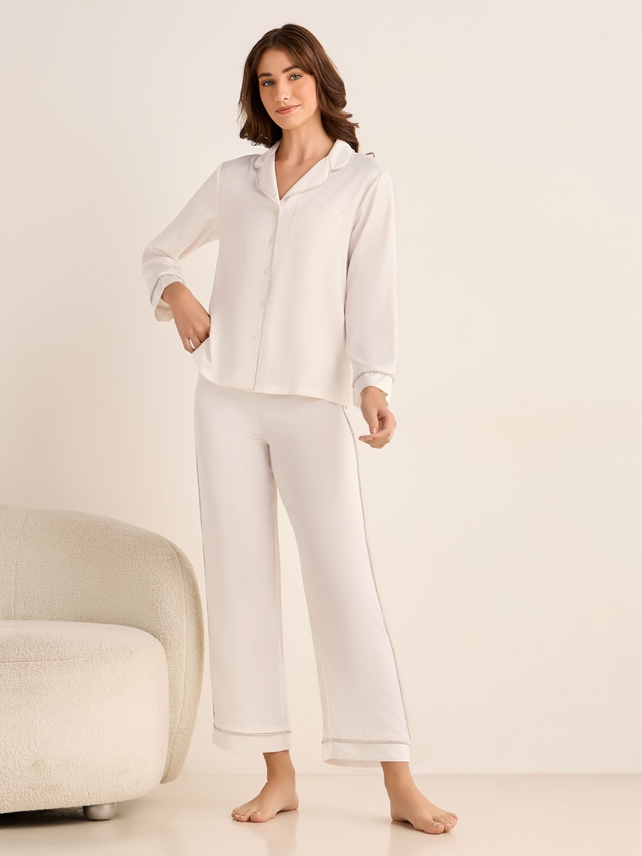 Satin Pyjama Set with Button-Down Shirt and Pants