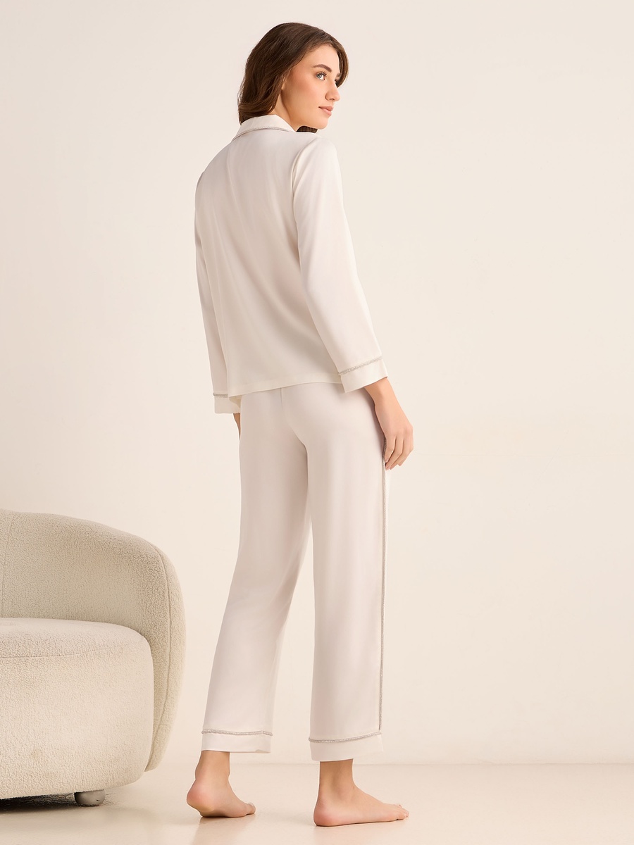 Satin Pyjama Set with Button-Down Shirt and Pants
