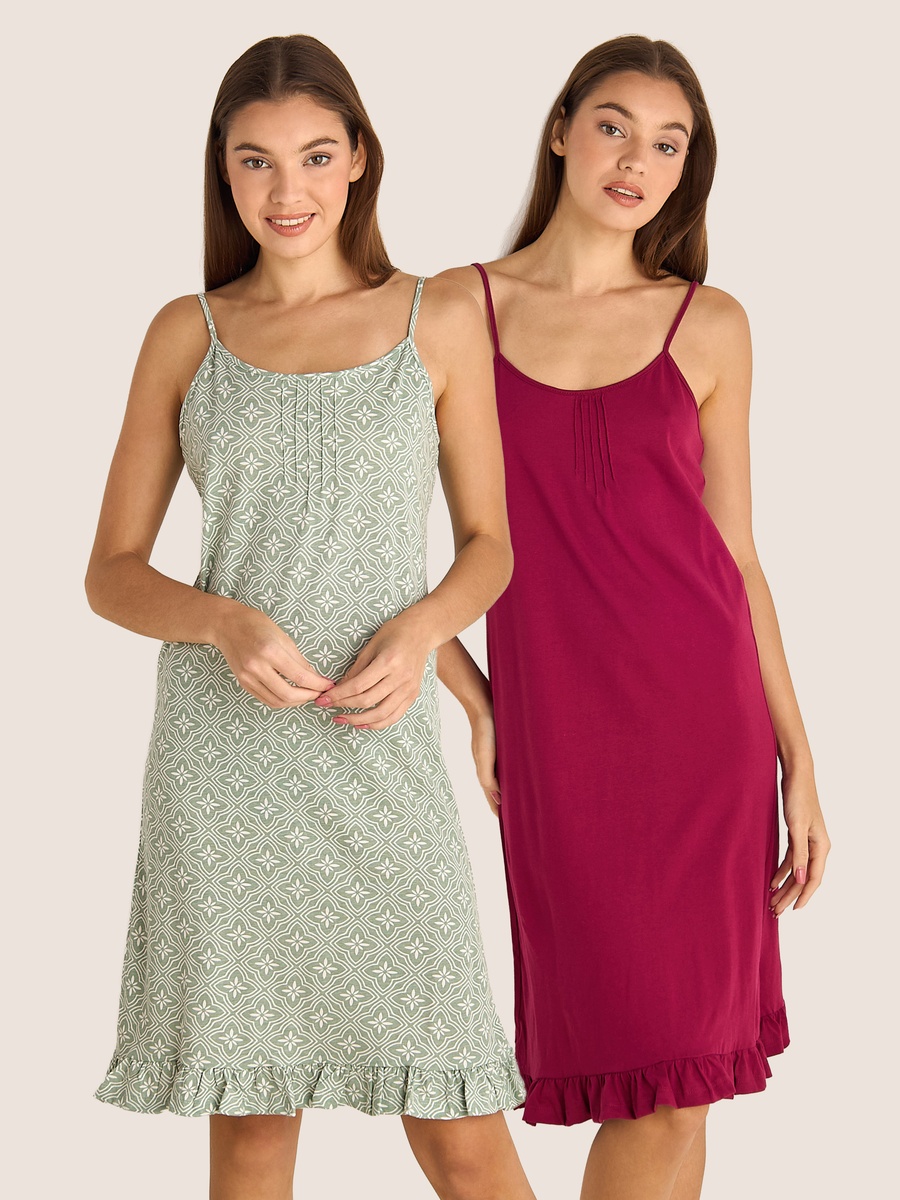 Set of 2 - Strappy Ruffled Hem Cotton Slip Dress