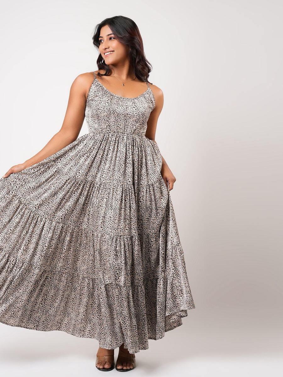 Sleeveless Tiered Maxi Night Gown with Animal Print