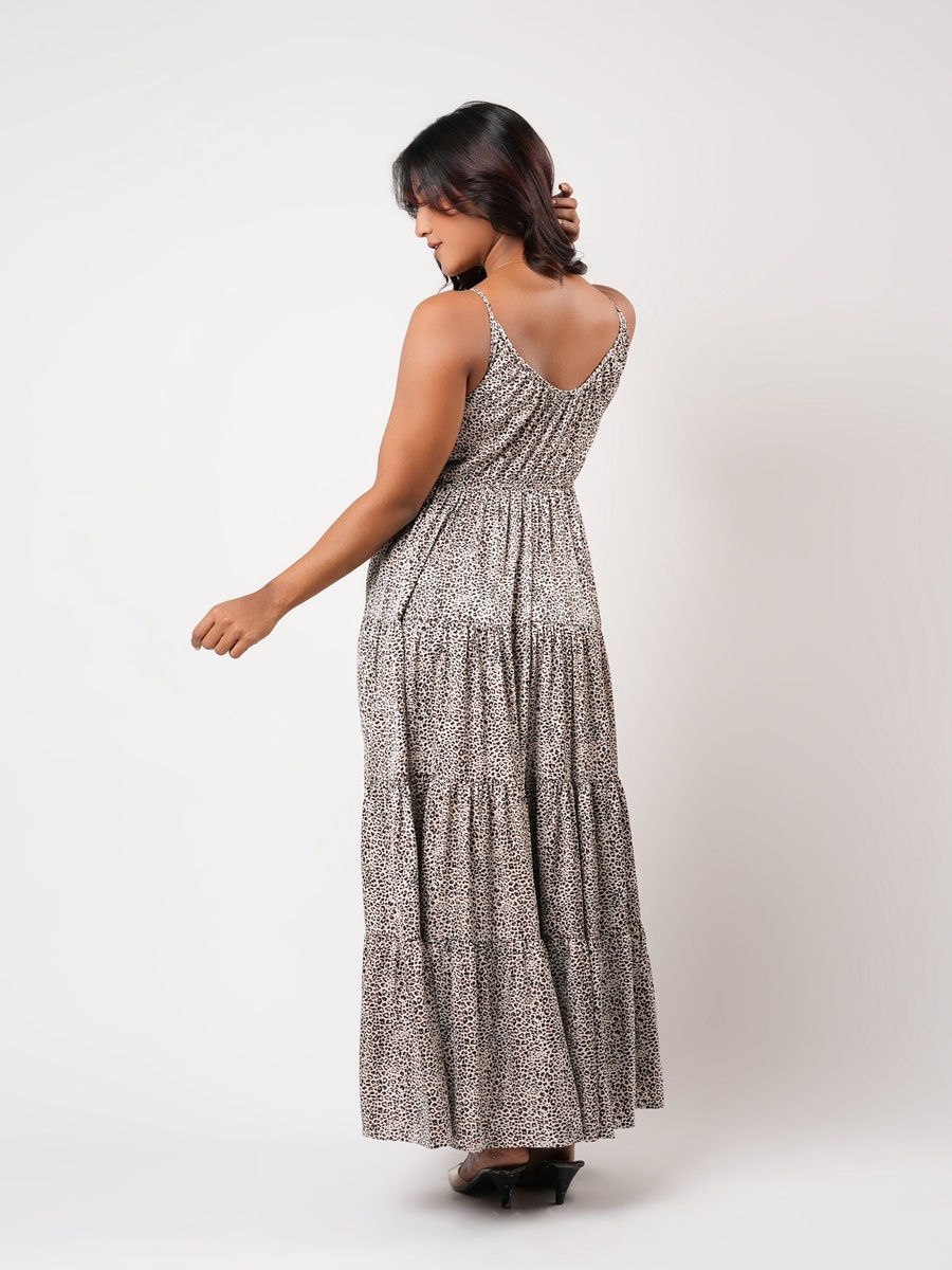 Sleeveless Tiered Maxi Night Gown with Animal Print