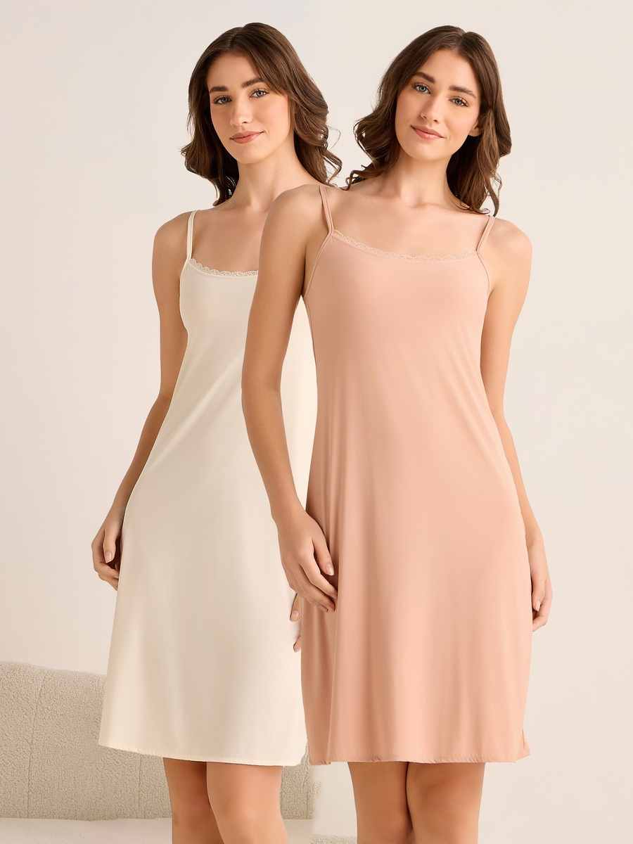 Set of 2 - Sleeveless Lace Trim Long Slip Dress
